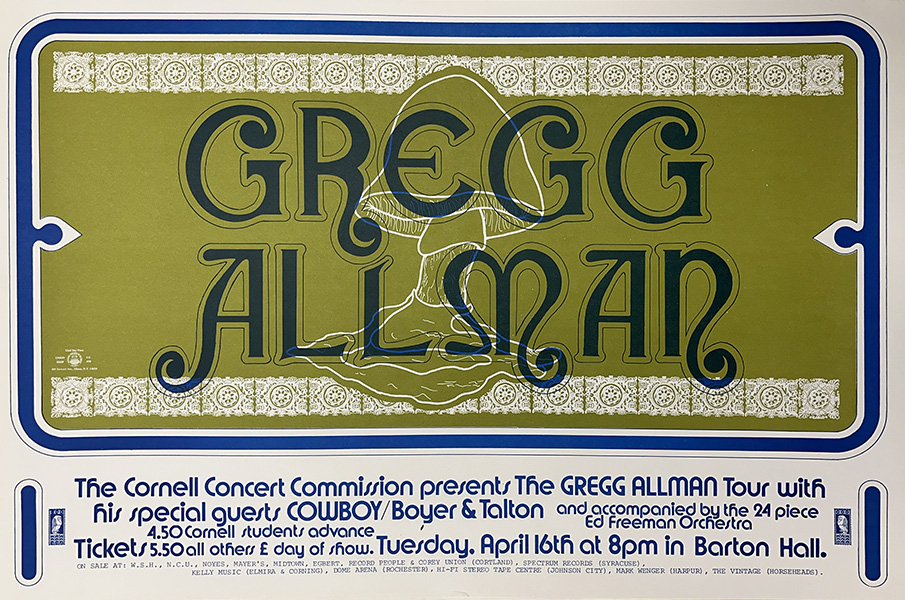 1974-04-16 Gregg Allman concert poster found in Cornell's rare and manuscript collection, Kroch Library at Cornell